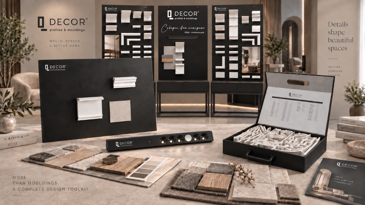 Инструменты QDecor для дизайнеров: стенды, мудборд, образцы молдингов, световой модуль и подборки материалов