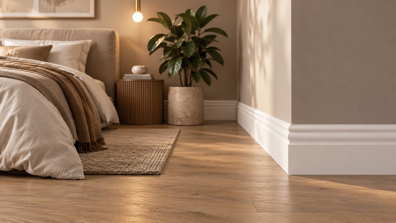 плинтуса QDecor в интерьере спальни в классическом стиле
